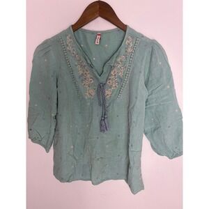 Juniper M Seafoam Green Embroidered Boho Lagenlook Linen Peasant Cottage VTG Top